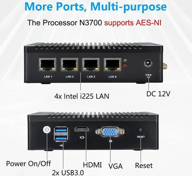 Alt view image 2 of 7 - Micro Firewall Appliance in-tel N3700 Quad Core, Fanless Mini PC 4 in-tel 2.5GbE i225 LAN Ports 8GB RAM DDR3 128GB mSATA SSD, Network Gateway Soft Router PC, Support AES NI/WiFi