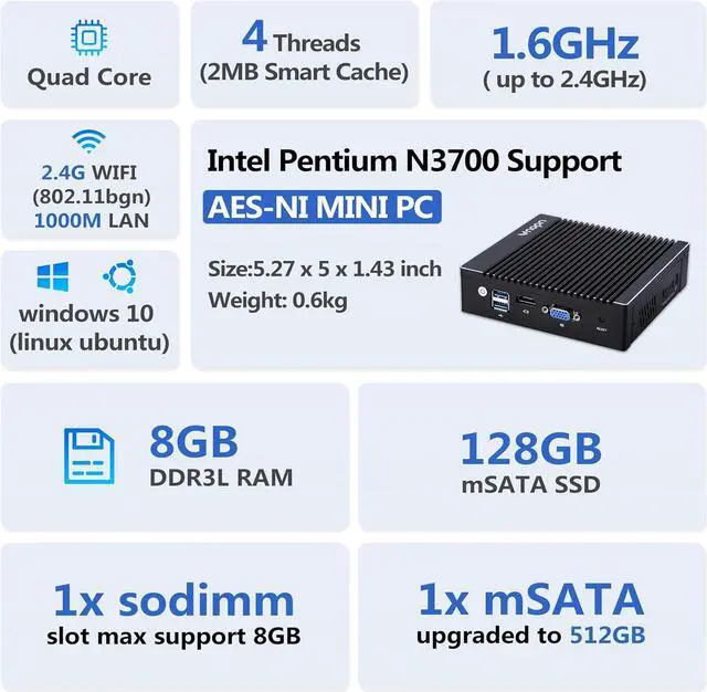 Alt view image 7 of 7 - Micro Firewall Appliance in-tel N3700 Quad Core, Fanless Mini PC 4 in-tel 2.5GbE i225 LAN Ports 8GB RAM DDR3 128GB mSATA SSD, Network Gateway Soft Router PC, Support AES NI/WiFi
