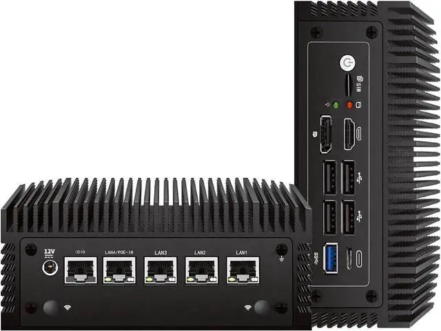 Main image of Fanless N100 Industrial Mini PC Micro Firewall Appliance, 4 * 2.5Gbe i225 LAN Ports POE in Mini Computer 8GB DDR4 RAM 128GB SATA SSD, USB-C/5*USB/SIM Slot/HD+DP/Home Network Pfsense Router