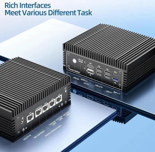 Alt view image 4 of 7 - Fanless N100 Industrial Mini PC Micro Firewall Appliance, 4 * 2.5Gbe i225 LAN Ports POE in Mini Computer 8GB DDR4 RAM 128GB SATA SSD, USB-C/5*USB/SIM Slot/HD+DP/Home Network Pfsense Router