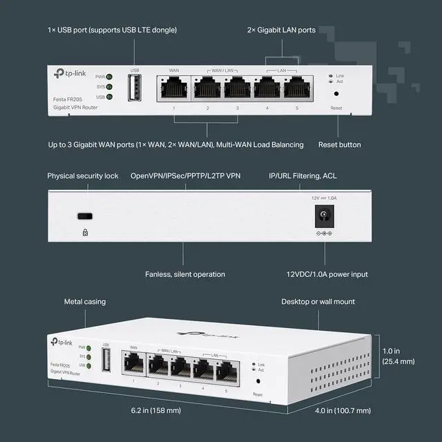 Alt view image 3 of 4 - TP-Link Festa FR205, Multi-WAN Wired Router, Up to 3 Gigabit WAN Ports & One USB WAN, Self-Organizing Network, Free Cloud, Load Balance, OpenVPN/IPSec/PPTP/L2TP VPN, Does not Work with Omada