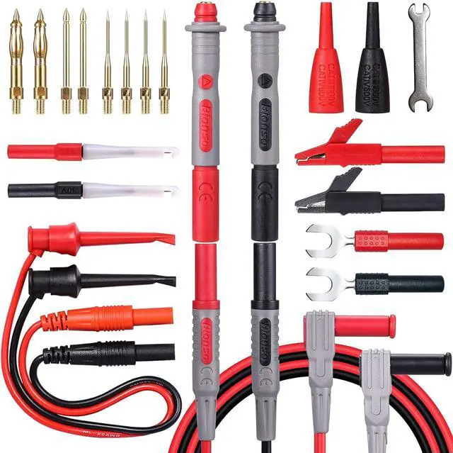 Main image of 25-Piece Multimeter Leads Kit, Professional and Upgraded Test Leads Set with Replaceable Gold-Plated Multimeter Probes, Alligator Clips, Test Hooks and Back Probe Pins.