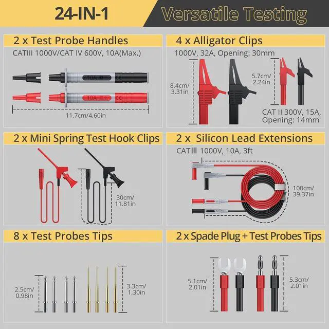 Alt view image 2 of 7 - Multi Test Leads Kit - 24-in-1 Electrical Multimeter Test Lead with Alligator Clips, Test Probe, Spring Grabber,Banana Plug - Volt Meter Leads for Voltage Circuit Tester