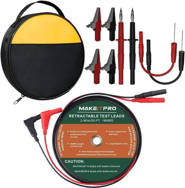 Main image of 2 Wires 30FT 18AWG Retractable Test Leads with Cable Bag and Dual Ended Electrical Alligator Clips Test Probe Lead Wire Cables for Circuit Connection/Electrical Testing and Troubleshooting