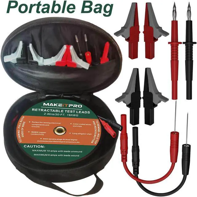 Alt view image 3 of 7 - 2 Wires 30FT 18AWG Retractable Test Leads with Cable Bag and Dual Ended Electrical Alligator Clips Test Probe Lead Wire Cables for Circuit Connection/Electrical Testing and Troubleshooting