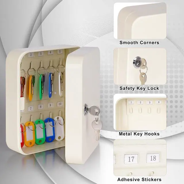 Alt view image 6 of 7 - Key Cabinet Wall Mount, Locking Key Organizer, Key Storage Lock Box with Key, Key Management with 20 Key Hooks & Tags Key Lab,7.87" x 6.29" x 3.14" (Beige, 20 Key)