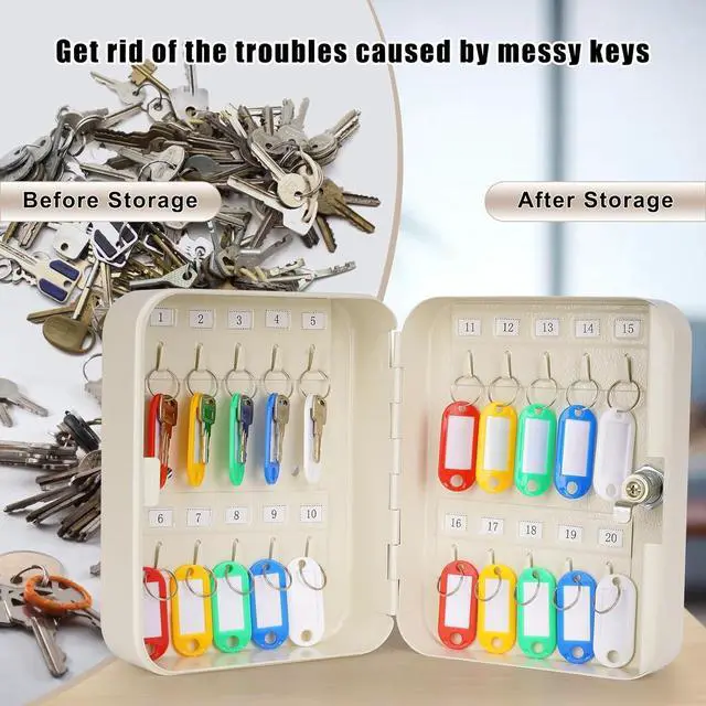 Alt view image 4 of 7 - Key Cabinet Wall Mount, Locking Key Organizer, Key Storage Lock Box with Key, Key Management with 20 Key Hooks & Tags Key Lab,7.87" x 6.29" x 3.14" (Beige, 20 Key)
