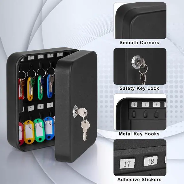 Alt view image 6 of 7 - Key Cabinet Wall Mount, Locking Key Box Organizer, Key Lock Box with Key, Key Holder Lock Box for Wall, 20 Key Hooks & Tags Key Lab,7.8"x6.3"x3.14" Black