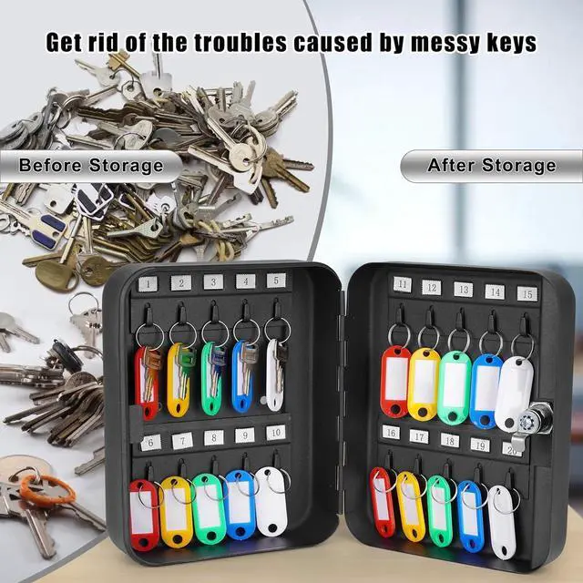 Alt view image 4 of 7 - Key Cabinet Wall Mount, Locking Key Box Organizer, Key Lock Box with Key, Key Holder Lock Box for Wall, 20 Key Hooks & Tags Key Lab,7.8"x6.3"x3.14" Black