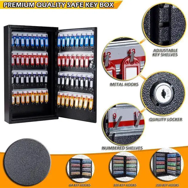 Alt view image 3 of 6 - Key Box Wall Mount 64 Position Metal Locking Key Cabinet Organizer with Key Tags Key Safe Security Storage Lockbox Holder for Valets, Hotels, Car and House Keys, Key Keeper Box - Black