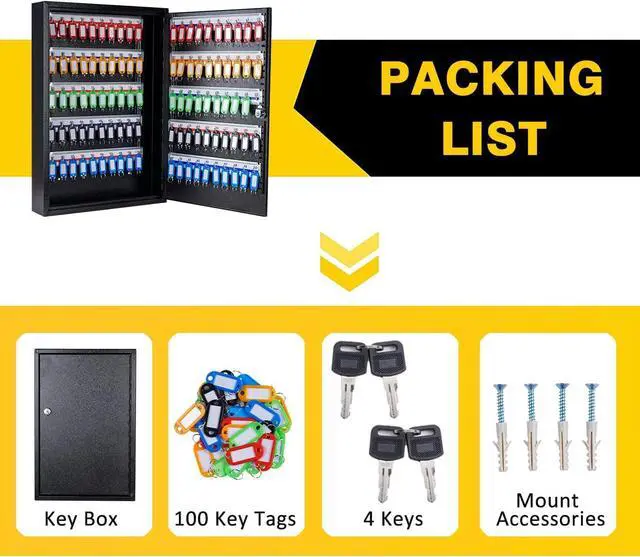 Alt view image 5 of 6 - Key Box Wall Mount 100 Position Metal Locking Key Cabinet Organizer with Key Tags Key Safe Security Storage Lockbox Holder for Valets, Hotels, Car and House Keys, Key Keeper Box - Black