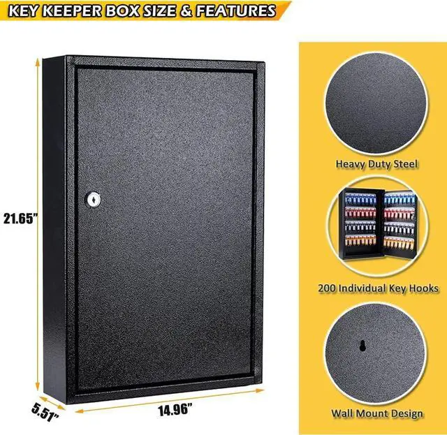 Alt view image 3 of 6 - Key Box Wall Mount 200 Position Metal Locking Key Cabinet Organizer with Key Tags Key Safe Security Storage Lockbox Holder for Valets, Hotels, Car and House Keys, Key Keeper Box - Black
