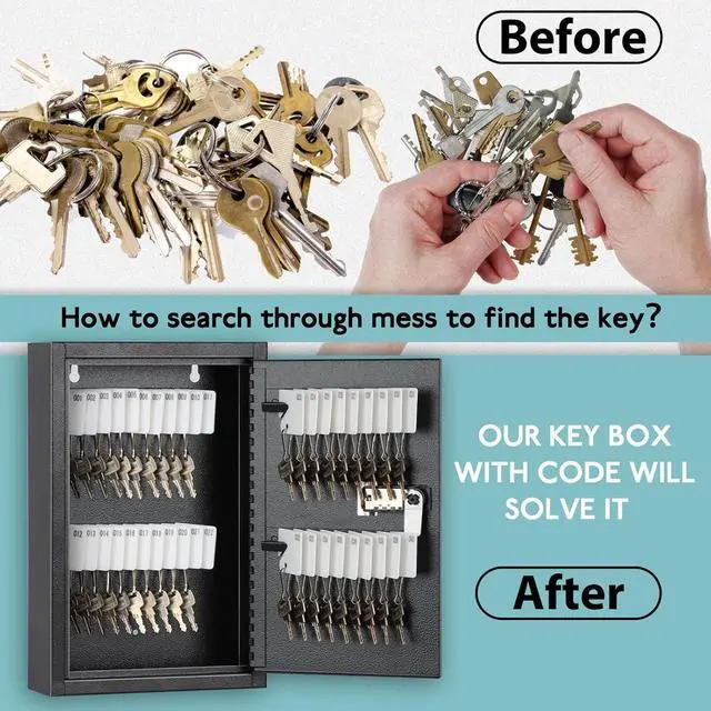 Alt view image 3 of 7 - Locking Key Cabinet, 40 Key Storage Lock Box with Code, Key Box Wall Mount with Combination Lock, Key Hooks & Tags Key Labels, 2.5" D x 8" W x 12" H (Black,40 Key)