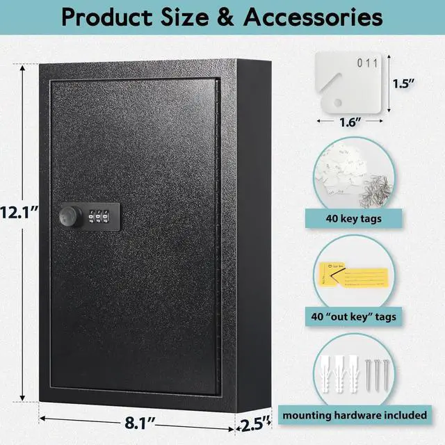 Alt view image 2 of 7 - Locking Key Cabinet, 40 Key Storage Lock Box with Code, Key Box Wall Mount with Combination Lock, Key Hooks & Tags Key Labels, 2.5" D x 8" W x 12" H (Black,40 Key)