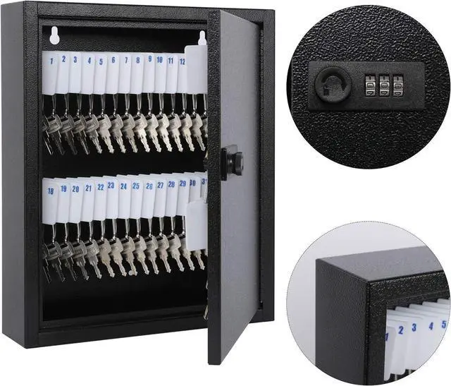 Alt view image 2 of 7 - Locking Key Cabinet, 60 Key Storage Lock Box with Code, Key Box Wall Mount with Combination Lock, Key Hooks & Tags Key Labels,(Black,60 Key)