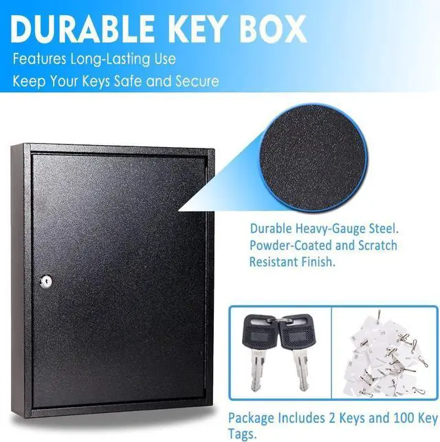 Alt view image 3 of 6 - Key Box Wall Mount 100 Position Metal Valet Key Cabinet Lock Box with Key Tags, Key Holder Lockbox Key Organizer Safe Storage Locker Box, Black, 14" x 3.15" x 17.13"