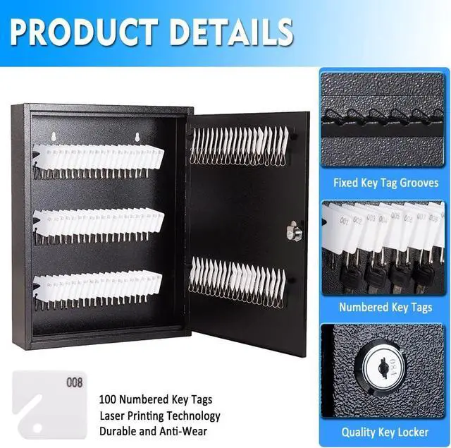 Alt view image 4 of 6 - Key Box Wall Mount 100 Position Metal Valet Key Cabinet Lock Box with Key Tags, Key Holder Lockbox Key Organizer Safe Storage Locker Box, Black, 14" x 3.15" x 17.13"