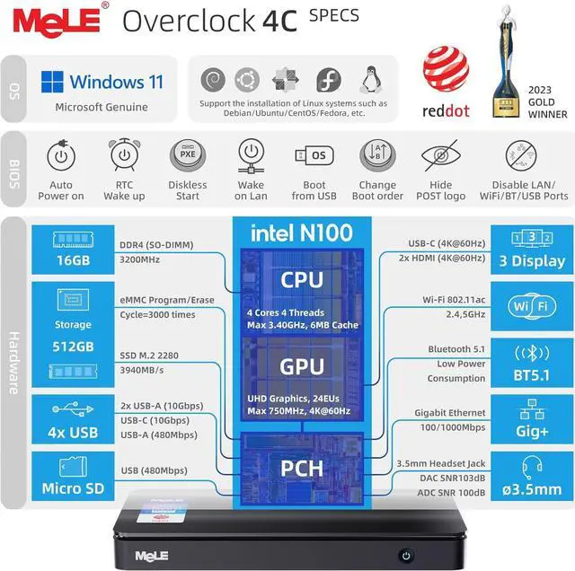 Alt view image 3 of 7 - Mini PC Win11Pro Overclock Performance N100 Alder-Lake 12th 16GB+512GB Micro Computer Small Desktop Office Education Home Triple Screen Display Full Function USB-C