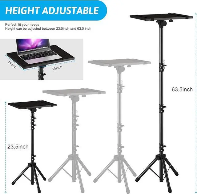 Alt view image 3 of 7 - Projector Stand Tripod, Laptop Tripod Stand Adjustable Height from 23.5 to 63.5 inches with Gooseneck Phone Holder, Laptop Floor Stand for Office, Home, Stage, Studio, DJ Racks Holder Mount
