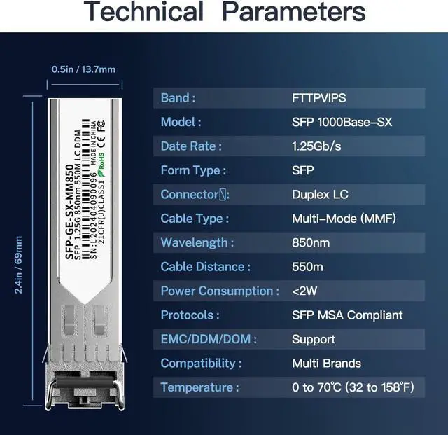 Alt view image 3 of 7 - 4Pack 1.25G SFP Module 1000Base-SX Multimode LC Transceiver, 850nm MMF, 550m Range - Compatible with Cisco SFP-GE-S, Meraki MA-SFP-1GB-SX, Ubiquiti UF-MM-1G, Mikrotik, TP-Link, Netgear, Aruba and more
