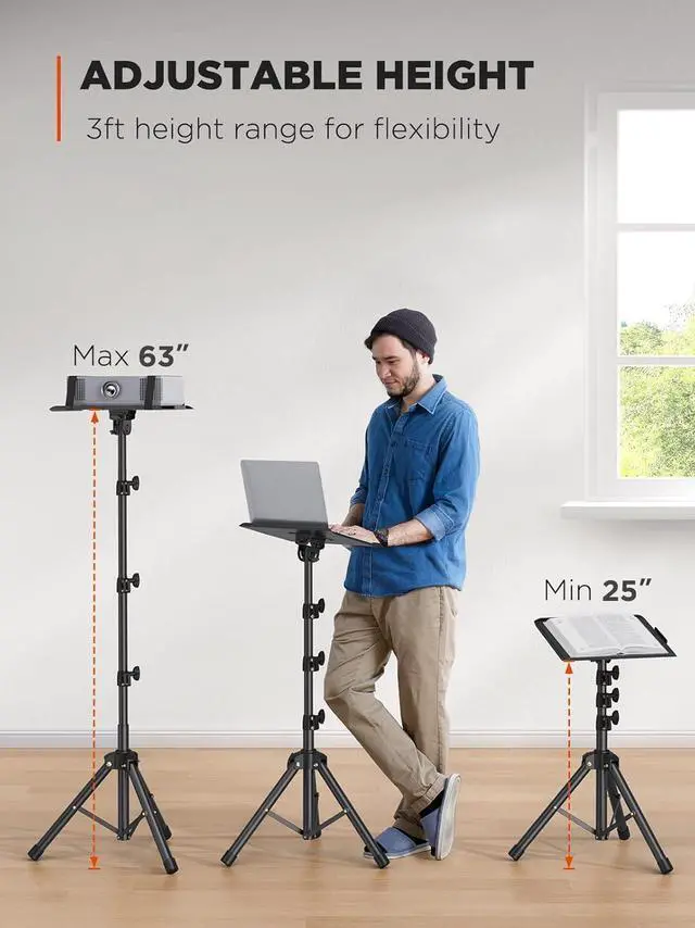 Alt view image 6 of 7 - Projector Tripod Stand, Foldable Projector Stand, Multipurpose Laptop Stand with Removable Mouse Tray, Adjustable Height 25-63 inch, Outdoor Movie Projector Stand, AMPS03