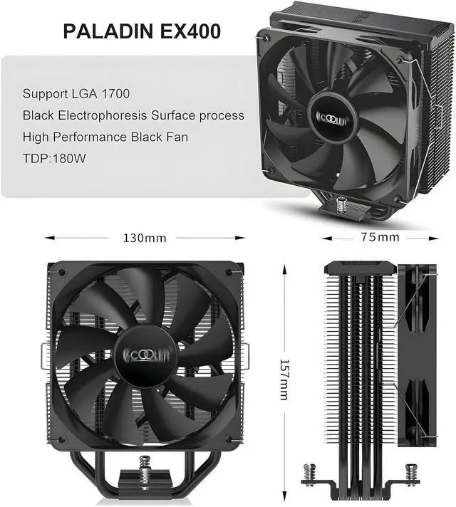 Alt view image 2 of 7 - Premium CPU Cooler, PWM 130mm Fan, 180W TDP CPU Air Cooler, Nickel-Plated Anti-oxidant Protective Layer AM4 CPU Cooler for AM5, Ryzen, Intel LGA 1700/1200/115X (Paladin EX400)