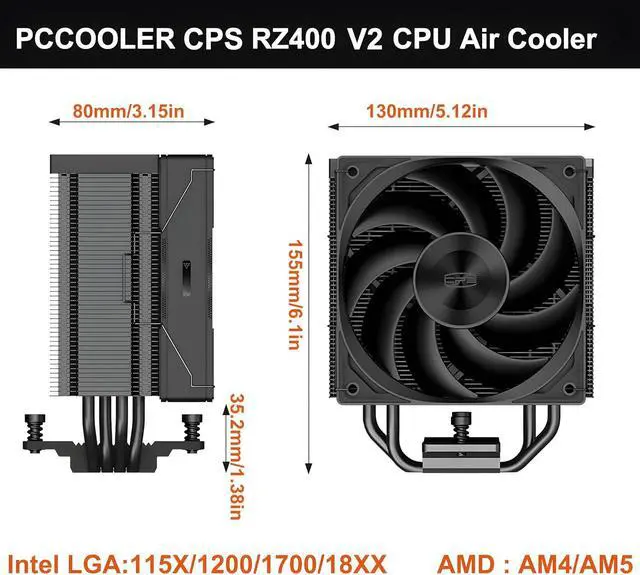 Alt view image 2 of 7 - CPU Cooler 240W CPU Air Cooler CPU Fan 4 HeatPipe CPU Cooling System FDB 2200RPM Fans, Air Cooler for Intel LGA 115X/1700,AM4/AM5 - Black