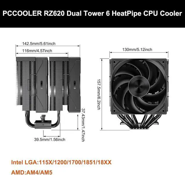 Alt view image 2 of 7 - CPU Cooler TDP 265W CPU Air Cooler Dual Tower CPU Fan 6 HeatPipe CPU Cooling System with Three Modes PWM Silent Fans, Easy Install Air Cooler for Intel LGA 115X/1200/1700,AMD AM4/AM5, Black
