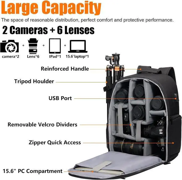 Alt view image 2 of 7 - Camera Backpack Bag with Laptop Compartment 15.6" for DSLR/SLR Mirrorless Camera Waterproof, Camera Case Compatible for Sony Canon Nikon Camera and Lens Tripod Accessories Black