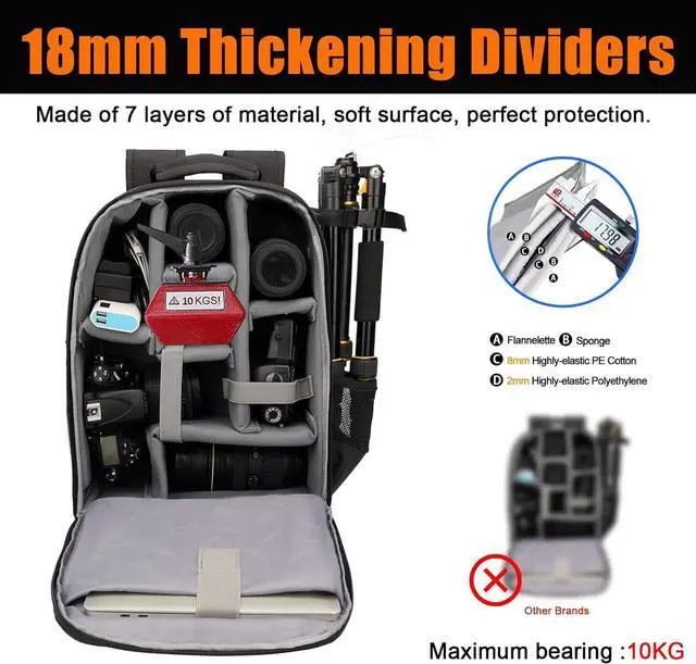 Alt view image 4 of 7 - Camera Backpack Bag with Laptop Compartment 15.6" for DSLR/SLR Mirrorless Camera Waterproof, Camera Case Compatible for Sony Canon Nikon Camera and Lens Tripod Accessories Black