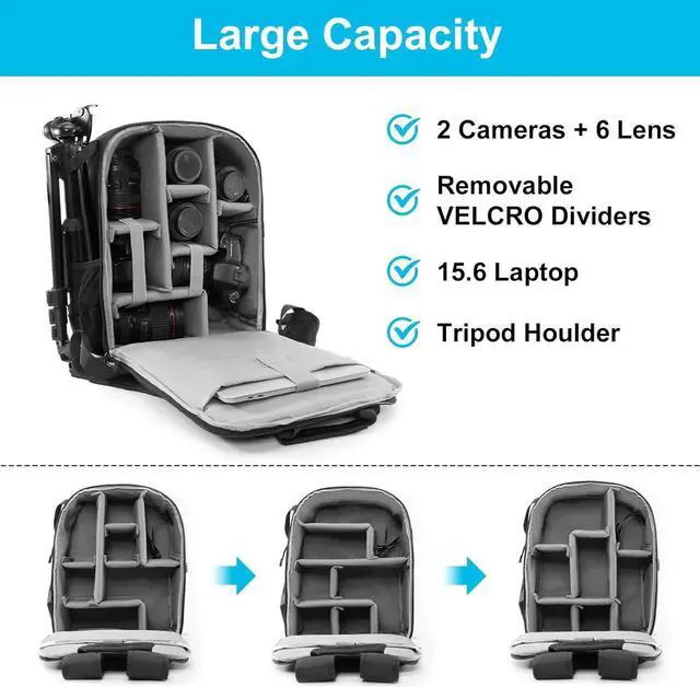 Alt view image 3 of 7 - Camera Backpack Bag for DSLR/SLR Mirrorless Camera Waterproof with 15.6 inch Laptop Compartment, USB Charging Port, Tripod Holder, Rain Cover, Camera Case Compatible for Sony Canon Nikon Black L