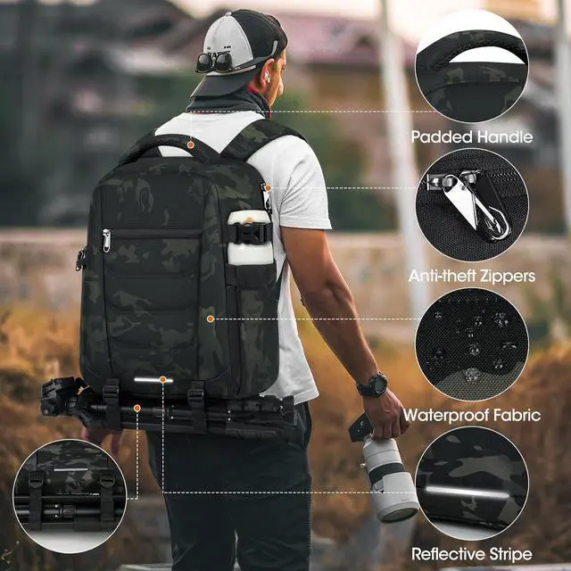 Alt view image 6 of 7 - Camera Bag Backpack Professional for DSLR SLR Mirrorless Camera Waterproof Camera Laptop Backpack 14 Inch with Rain Cover Anti Theft Travel Camera Case Large Capacity Photography Backpack Camouflage