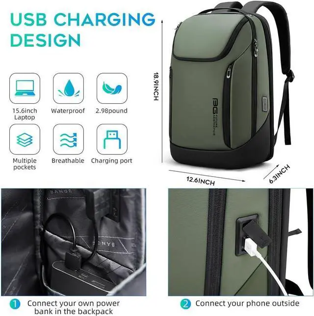 Alt view image 5 of 6 - Business Smart Backpack Waterproof fit 15.6 Inch Laptop Backpack with USB Charging Port,Travel Durable Backpack Green