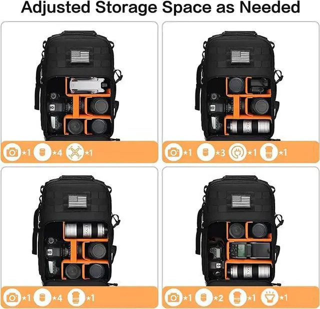 Alt view image 3 of 7 - Camera Backpack, DSLR/SLR/Mirrorless Tactical Camera Bag Case with Laptop Compartment Compatible with Canon/Nikon/Sony, Black