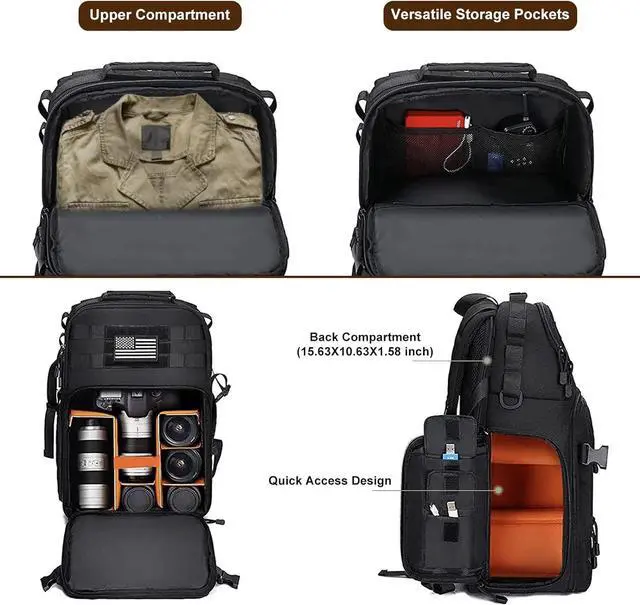 Alt view image 2 of 7 - Camera Backpack, DSLR/SLR/Mirrorless Tactical Camera Bag Case with Laptop Compartment Compatible with Canon/Nikon/Sony, Black