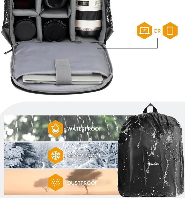 Alt view image 5 of 7 - Camera Bag DSLR Camera Backpack with Waterproof Raincover Laptop Compartment Photography Backpack Case Photo Bag for Women Men Photographers DSLR SLR Mirrorless Camera Lens Tripod Black TB-M
