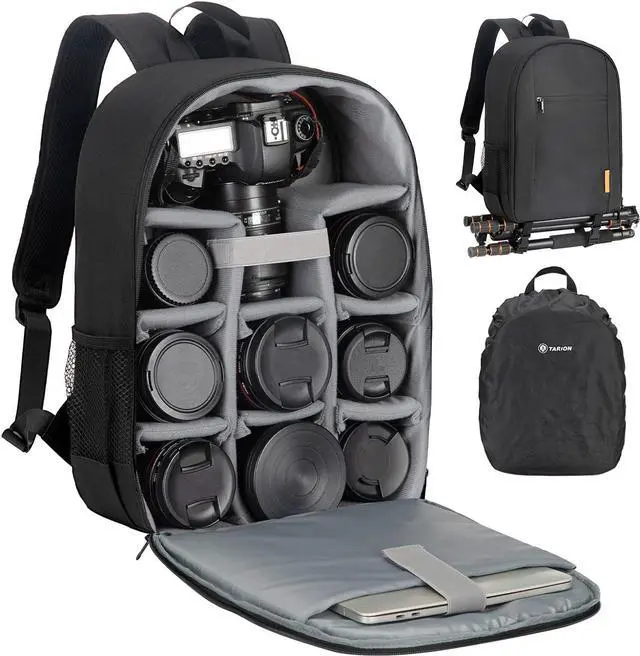 Main image of Camera Bag DSLR Camera Backpack with Waterproof Raincover Laptop Compartment Photography Backpack Case Photo Bag for Women Men Photographers DSLR SLR Mirrorless Camera Lens Tripod Black TB-M