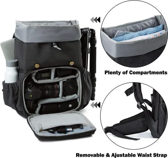 Alt view image 2 of 6 - Camera Backpack, Camera Backpacks for Photographers,DSLR SLR Waterproof Camera Bag Backpack Fit up to 15" Laptop with Tripod Holder Waist Belt Rain Cover, Black