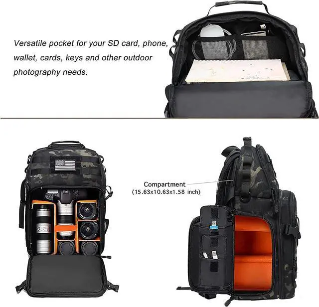 Alt view image 2 of 7 - Camera Backpack, DSLR/SLR/Mirrorless Photography Tactical Camera Bag Case with Tripod Holder & 15-16 inch Laptop Compartment & USA Flag Compatible with Canon/Nikon/Sony, Night Camouflage
