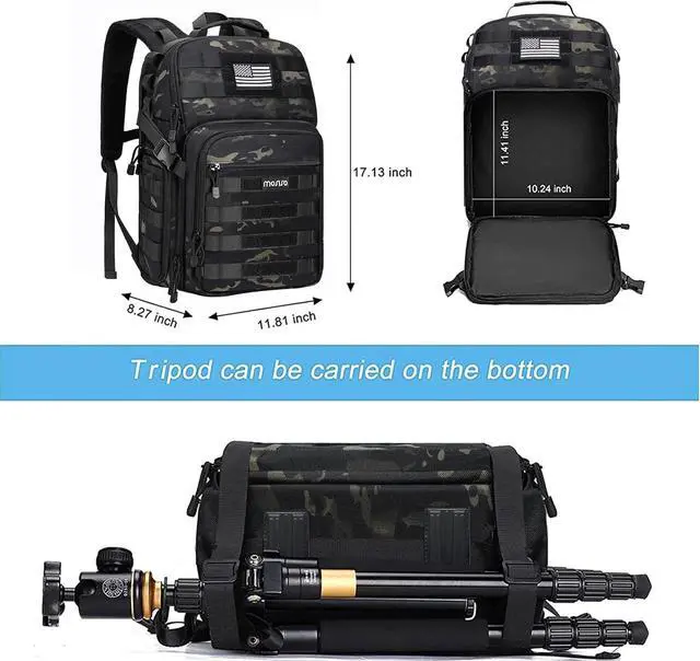 Alt view image 4 of 7 - Camera Backpack, DSLR/SLR/Mirrorless Photography Tactical Camera Bag Case with Tripod Holder & 15-16 inch Laptop Compartment & USA Flag Compatible with Canon/Nikon/Sony, Night Camouflage