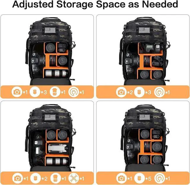 Alt view image 3 of 7 - Camera Backpack, DSLR/SLR/Mirrorless Photography Tactical Camera Bag Case with Tripod Holder & 15-16 inch Laptop Compartment & USA Flag Compatible with Canon/Nikon/Sony, Night Camouflage