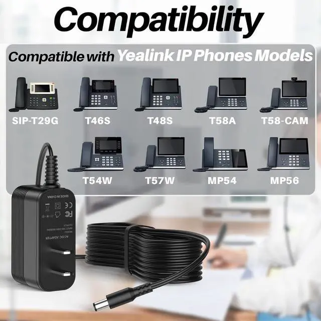Alt view image 2 of 7 - Power Adapter for Yealink Phone T54W, T46U, MP54, MP56, T57W, T46S, T48U, T53W Power Supply for Yealink IP Phones SIP-T29G, T48S,T58A, T58-CAM, MP56 for Teams, PS5V2000US 5V 2A Charger Replacement