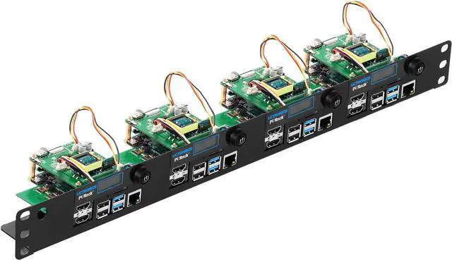 Main image of Ultimate Rack with PoE Functionality for Raspberry Pi 4, 19" 1U Rackmount with PoE HAT, All IO on One Side, OLED Display, Power Switch, and Cooling Fan