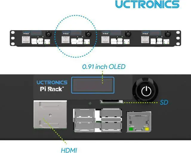 Alt view image 4 of 6 - Ultimate Rack with PoE Functionality for Raspberry Pi 4, 19" 1U Rackmount with PoE HAT, All IO on One Side, OLED Display, Power Switch, and Cooling Fan