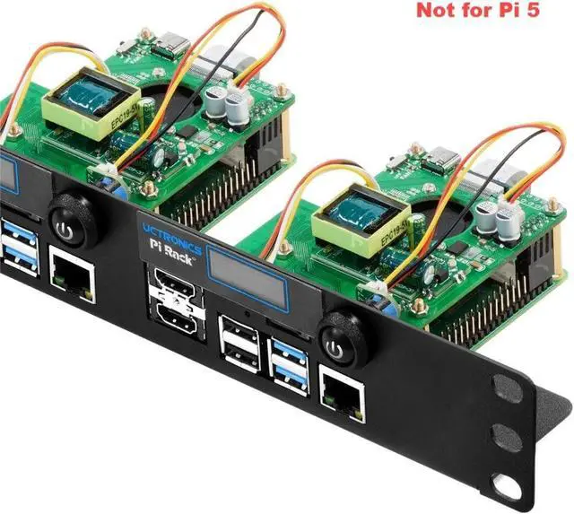Alt view image 2 of 6 - Ultimate Rack with PoE Functionality for Raspberry Pi 4, 19" 1U Rackmount with PoE HAT, All IO on One Side, OLED Display, Power Switch, and Cooling Fan