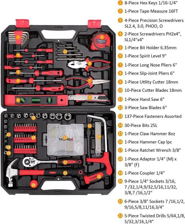 Alt view image 2 of 7 - Home Repair Tool Kit - 226 Piece General Home/Auto Repair Tool Set, General Mechanic Tool Set, General Household Tool Kit, Perfect for Homeowner, Diyer, Handyman