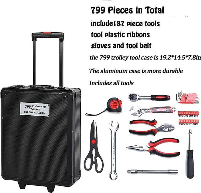Alt view image 5 of 6 - 799pcs Aluminum Trolley Case Tool Set Silver, House Repair Kit Set, Household Hand Tool Set, with Tool Belt,Gift on Father's Day (Black)