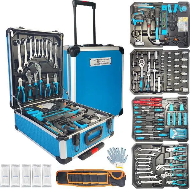 Main image of BLUE 799pcs Aluminum Trolley Case Tool Set Silver, House Repair Kit Set, Household Hand Tool Set, with Tool Belt for Thanksgiving, Valentine's Day, Christmas