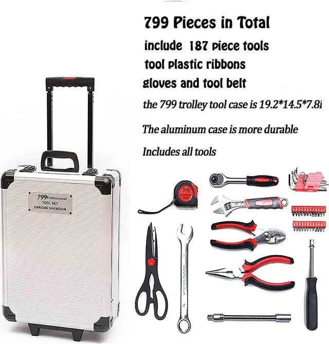 Alt view image 4 of 6 - 799pcs Aluminum Trolley Case Tool Set Silver, House Repair Kit Set, Household Hand Tool Set, with Tool Belt,Gift on Father's Day (Silver)