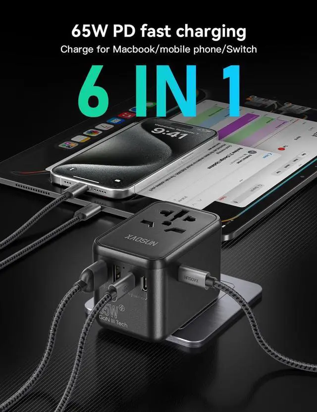 Alt view image 2 of 7 - Universal Travel Adapter, 65W GaN Travel Plug Adapter, International Charger AC Plug Adapter 3 Type-C & 2 USB-A, Worldwide Travel for Most Europe EU US UK AU JP